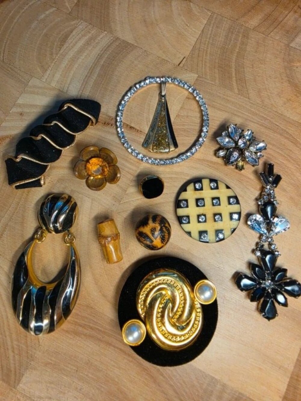 Junk Art Jewelry Lot #2 "Echoes" Gold Black Rhinestones Suede Wood Metal Upcycle